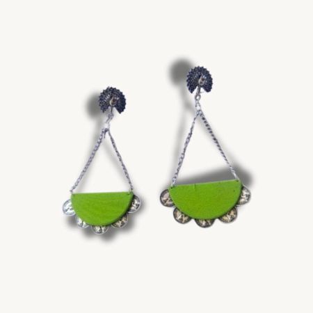 Peacock Green And Silver Chain Long Earrings